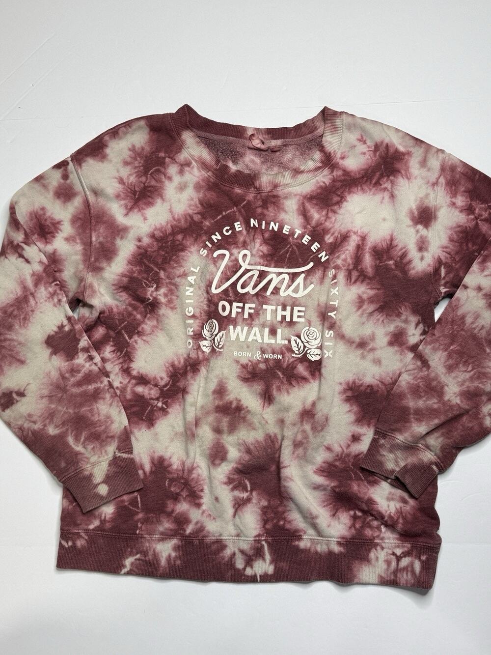 Vans Off The Wall Sweatshirt Womens M Burgundy Tie Dye Rose Crewneck Skater